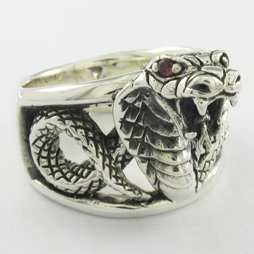 Snake Cobra Serpant Viper Head 925 Sterling Silver Red Garnet CZ Stone Ring 