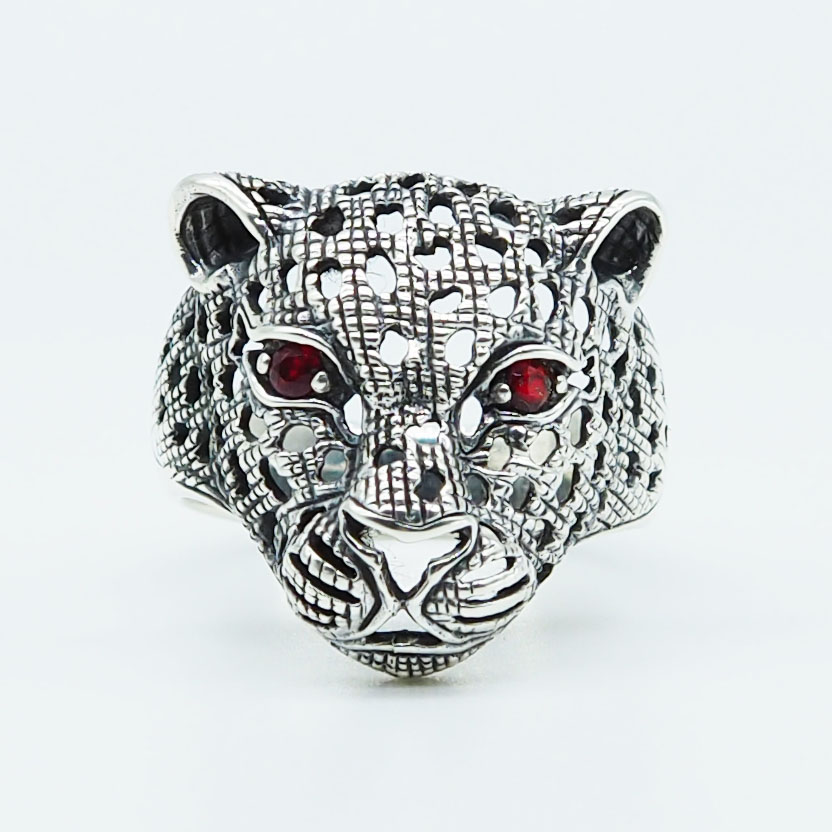 Jaguar Tiger Leopard Cat Head Red Garnet CZ Stone Eyes 925 Sterling RIng 