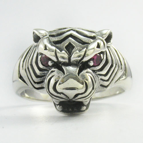Tiger Head 925 Sterling Silver Red Garnet CZ Stone Ring 